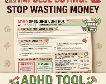 ADHD Spending Control Printable, Stop Impulse Buying Worksheet, Money Awareness Tool, Executive Dysfunction Help PDF, Stop Buying Waste