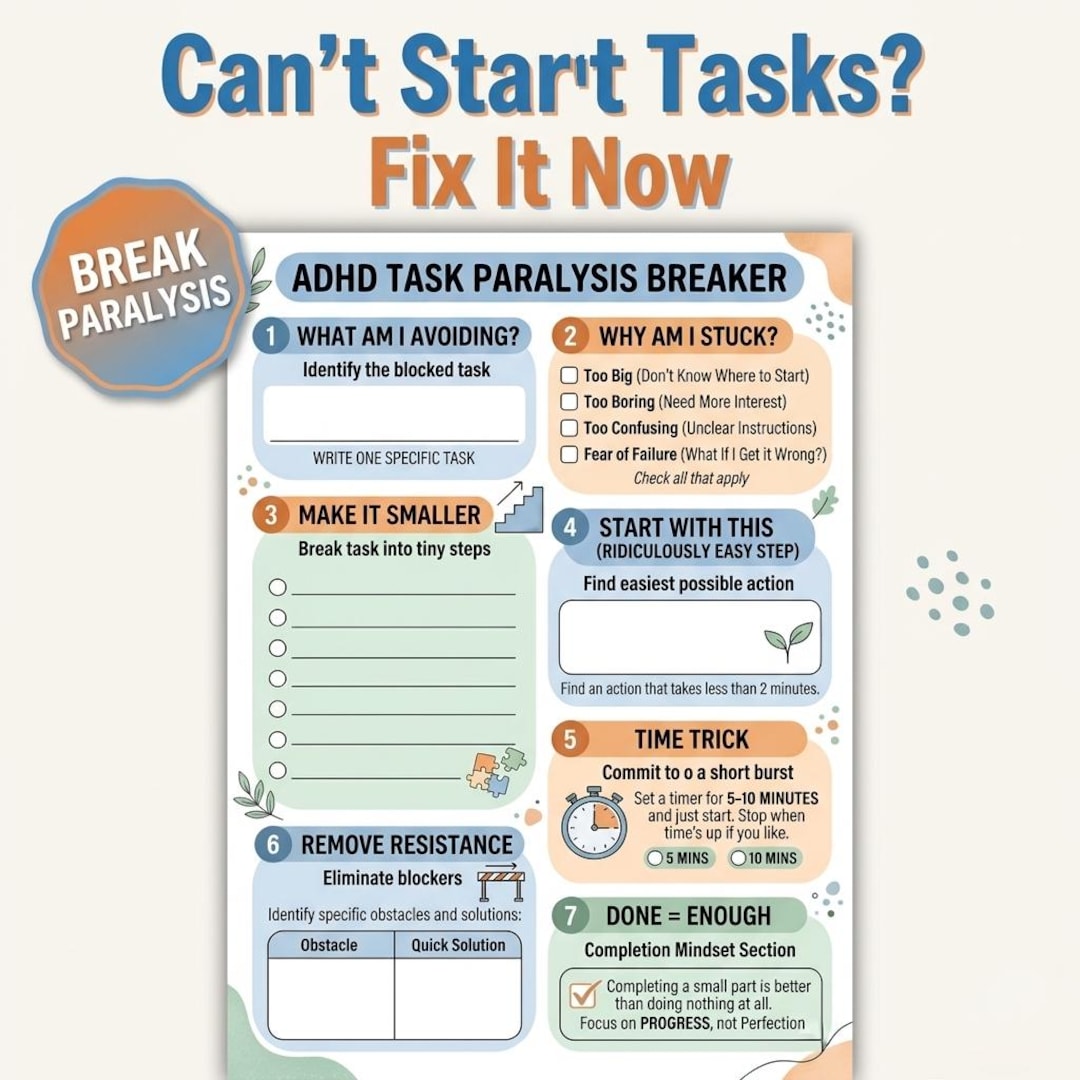 Task Paralysis Pdf ADHD Task Paralysis Printable, Can't Start Tasks Tool, Stop ...
