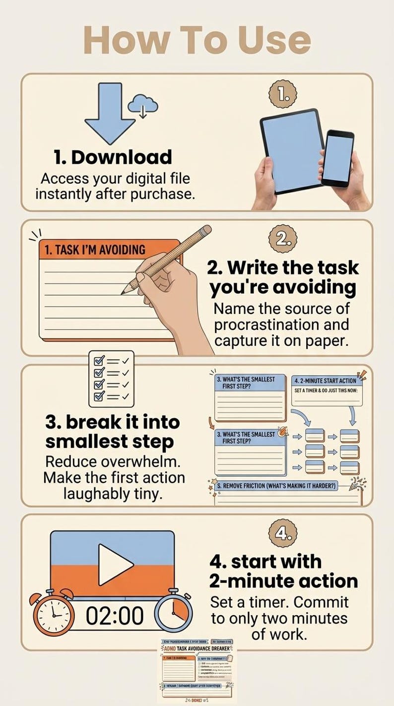 May include: Infographic titled "How To Use" with numbered steps. Includes a download icon, a tablet and phone, a notepad, and a timer set to 2 minutes. The steps outline a task breakdown process.