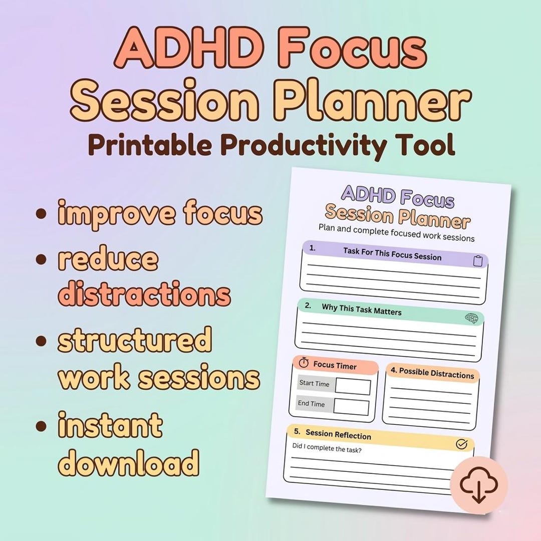 ADHD Focus Session Planner Printable, ADHD Productivity Worksheet, Deep ...