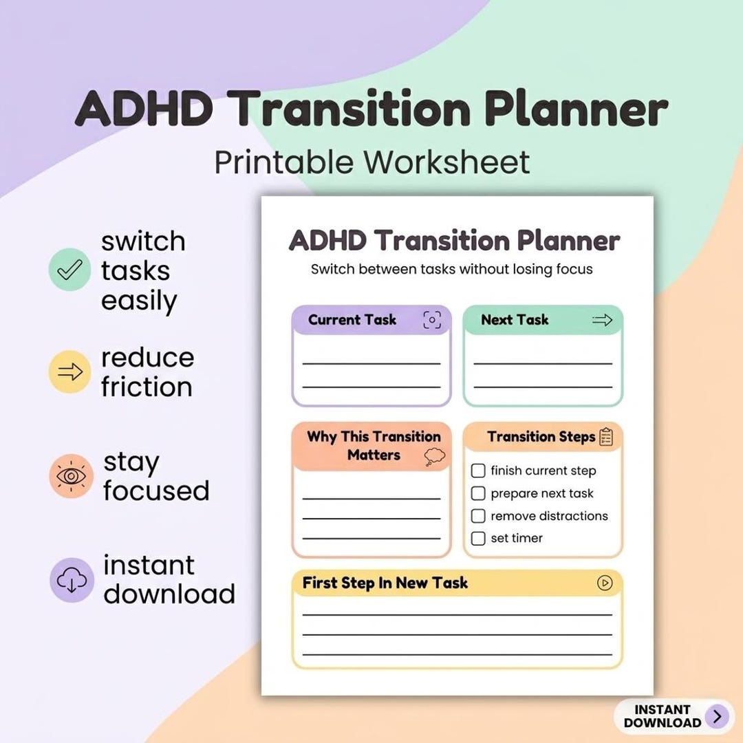 ADHD Transition Planner Printable, ADHD Task Switching Worksheet, ADHD ...