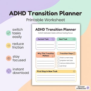 ADHD Transition Planner Printable, ADHD Task Switching Worksheet, ADHD Productivity Tool, Executive Function Support for Neurodivergent