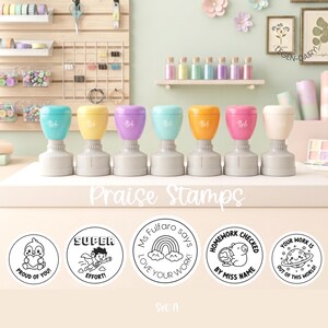 May include: A set of seven self-inking stamps in pastel colours including teal, yellow, purple, orange, and pink. Below the stamps are five circular white labels featuring black line art designs with text including Proud of You, Super Effort, Ms Fulfaro says Love Your Work, Homework Checked by Miss Name, and Your Work is Out of This World.