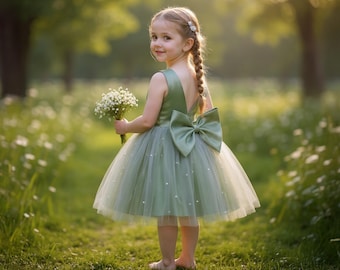 Sage Green Tulle Flower Girl Dress, Knee Length Elegant V-Back Dress with Pearls, Big Bow Toddler Junior Bridesmaid Wedding Guest Outfit
