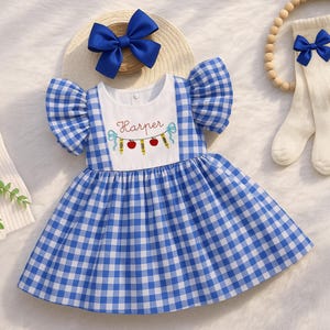 Personalized Back to School Dress for Girls - Blue Gingham Toddler Outfit - Crayon Apple Embroidery - Puff Sleeve First Day of School Dress