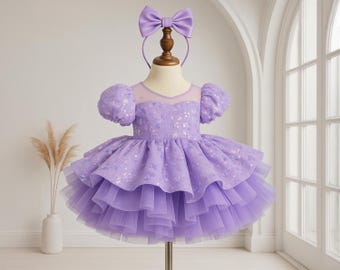 Lilac First Birthday Dress Baby Girl Toddler Fancy Lace Dress Puffy Purple Sparkle Birthday Party Dress Pageant Toddler Special Occasion