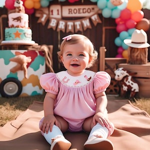 Adorable Cowgirl Smocked Romper – Pink Rodeo Outfit for Baby Girl, Embroidered Western Bubble, First Rodeo Birthday Look, Bubble Smocked