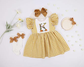 Personalized Smocked Halloween Gingham Dress: Embroidered Pumpkin, Bishop Style