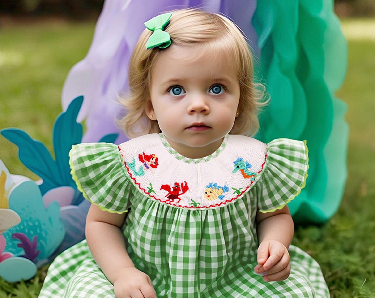 Princess Birthday Hand Smocked Bubble Romper – Mermaid Theme, Green Gingham Dress, Baby 1st Birthday Outfit Set, Baby Gift Ideas