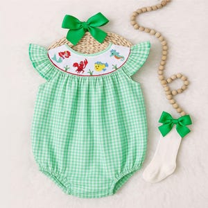 Princess Birthday Hand Smocked Bubble Romper – Mermaid Theme, Green Gingham Dress, Baby 1st Birthday Outfit Set, Baby Gift Ideas
