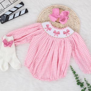 Birthday Pink Romper With Bow, Smocked Bubble Romper,Birthday Party Dress, Baby Girl Birthday Outfit Set, Baby First Birthday, Birthday Gift