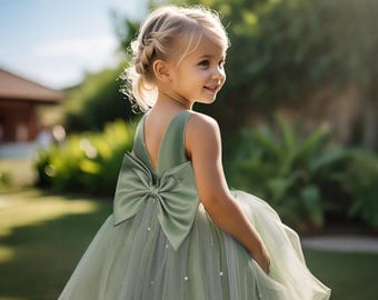 Sage Green Tulle Flower Girl Dress, Knee Length Elegant V-Back Dress with Pearls, Big Bow Toddler Junior Bridesmaid Wedding Guest Outfit