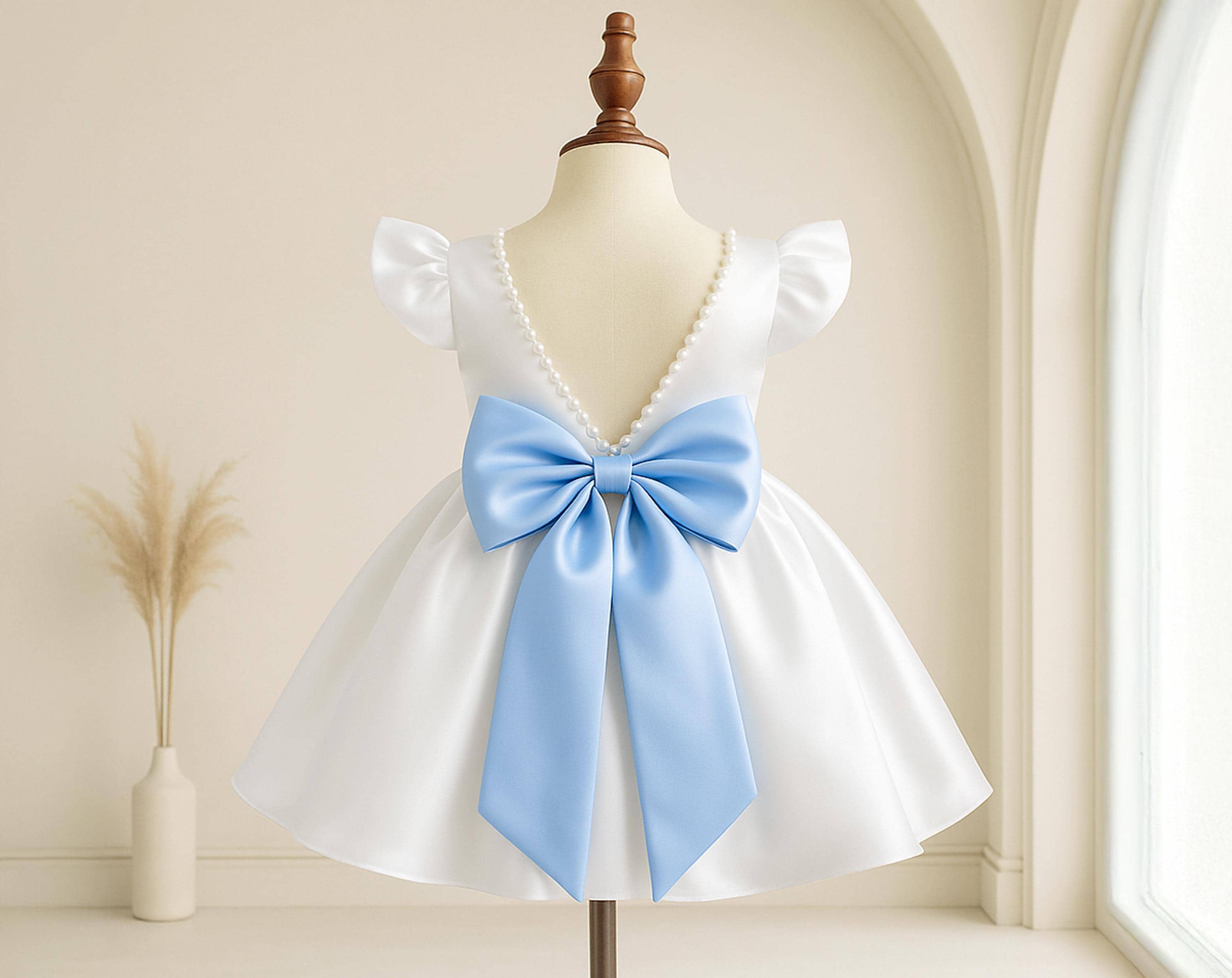 Ivory Satin Flower Girl Dress – Pearl V-Back Dress with Big Bow, Custom Color Bow, Toddler Wedding Outfit, Junior Bridesmaid Dress