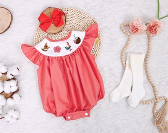 Island Princess Inspired Baby Girl Romper – Coquette Bow, Embroidered Bubble Romper, Ocean Adventure Outfit, Tropical Birthday Gift