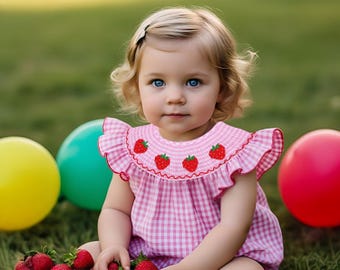 Birthday Strawberry Romper Bubble, Smocked Romper, Berry First Birthday, Sweet One Romper, Strawberry Theme, Pink Gingham, Summer Outfit