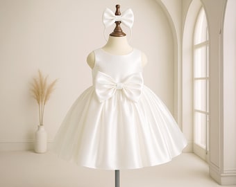 Ivory V-Back With Big Bow Baby Girl Dress, Wedding Flower Girl, White Puffy Sleeve Dress,Bridesmaid Satin Dress, Satin Summer Dress for Girl