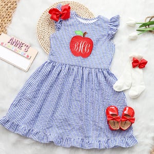 Seersucker Back to School Dress – Embroidered Apple Dress, Preschool Outfit, Fall School Dress, Custom Name Monogram, Toddler Girl School