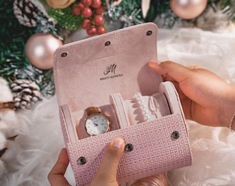 Estuche de viaje rosa tejido para joyas - Caja organizadora de joyas pequeña y portátil