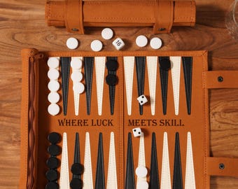 Personalized Brown Leather Backgammon Set, Custom NameBackgammon Game, Luxury Gift for Him, Groomsmen Gift New Year's Gift Back to School