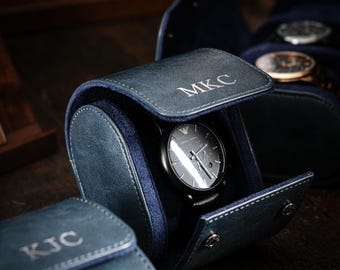 Personalized Vegan Leather Watch Travel Case, Custom Blue Single Watch Box for Men, Luxury Groomsmen Gift, Anniversary Gift for Him