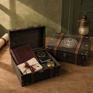 May include: Two dark wooden storage chests with metal corner accents and brown straps. One chest is open, containing a dark red book, a stack of papers tied with a ribbon, round glasses, and two small metal cases. The closed chest features a tree graphic with the name SOPHIA.