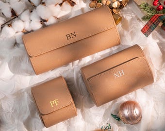 Engraved Vagen Leather Watch Roll – Custom Tan Travel Case for One Watch Personalized Gift for Men Groomsmen Favor Gift for Colleague