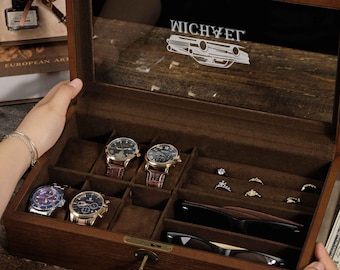 Luxury Wooden Watch Box for Men Personalized Watch Case with Glass Engraving Multi-Slot Watch Organizer for Rings & Sunglasses Gift for Him