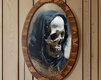 Art mural gothique en bois avec tête de mort à capuchon - Impression sombre Faucheuse sur bois naturel - Autre décoration de Pâques