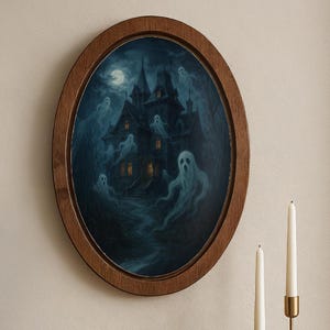 Haunted House Wall Art for Halloween Decor, Spooky Ghost Painting in Oval Wood Frame, Gothic Mansion Plaque, Vintage Halloween Sign