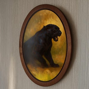 Black Panther Wall Art in Wooden Frame, Wild Cat Oil Painting Style Animal Decor for Bold Interior Vibes