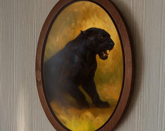 Black Panther Wall Art in Wooden Frame, Wild Cat Oil Painting Style Animal Decor for Bold Interior Vibes
