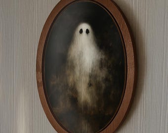 Ghost Wall Art in Wooden Frame , Gothic Haunted Spirit Painting Printed on Natural Wood Panel for Dark Decor Lovers