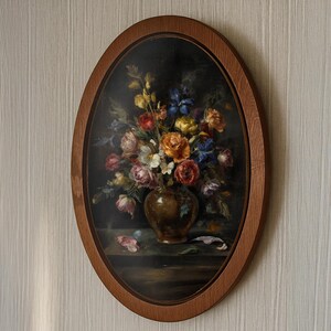 Vintage Floral Still Life Wall Art in Wooden Frame , Classic Flower Painting on Natural Wood Panel for Elegant Home Decor