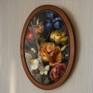 Vintage Floral Still Life Wall Art in Wooden Frame , Classic Flower Painting on Natural Wood Panel for Elegant Home Decor