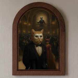 Masquerade Ball Cats Arch Wood Print, Formal Animal Portrait, Quirky Victorian Style Wall Art, Unique Cat Lover Gift on Wood