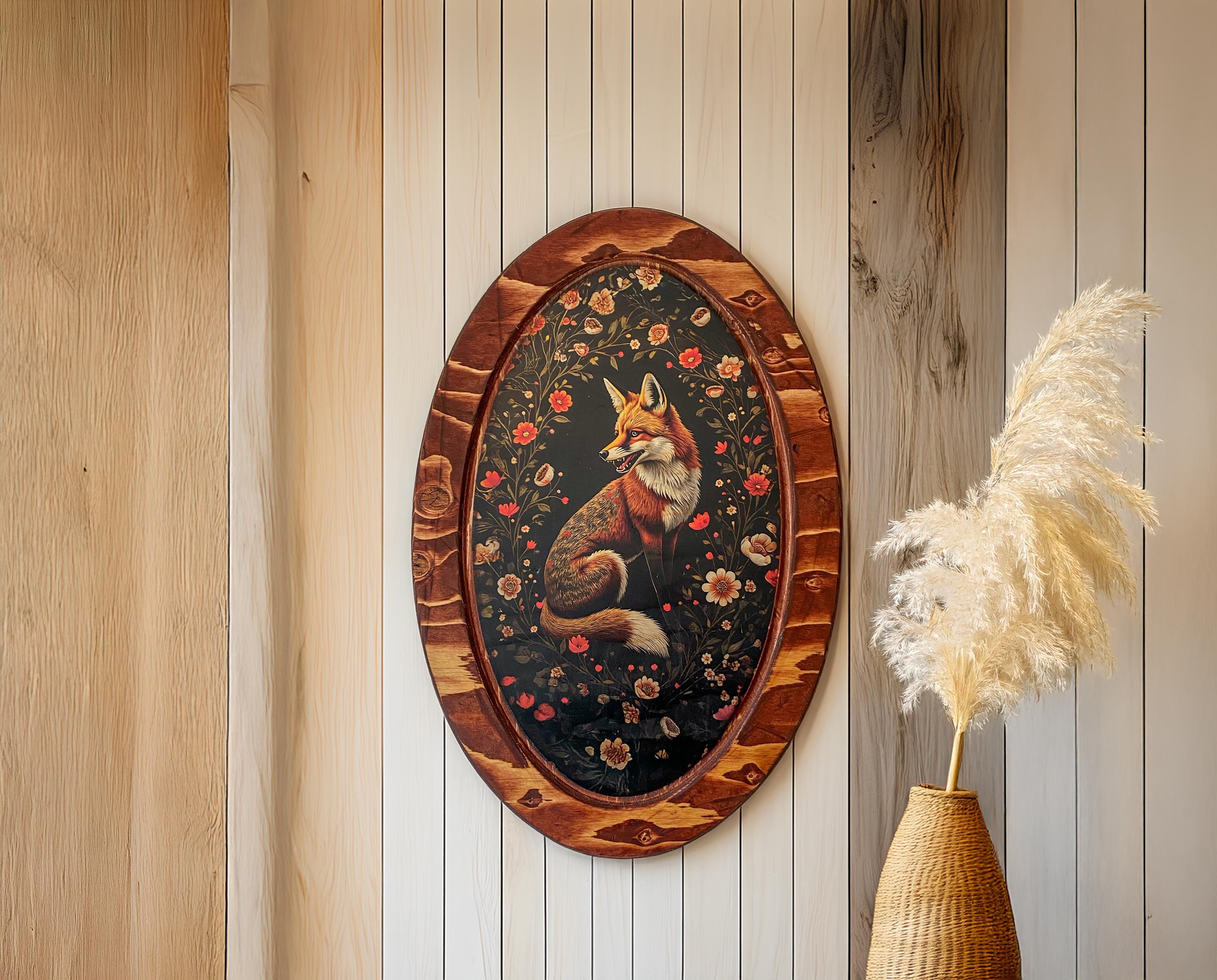 Fox and Flowers Wall Art, Oval Wooden Frame, Rustic Home Decor, Vintage Style, Gift for Her/Him