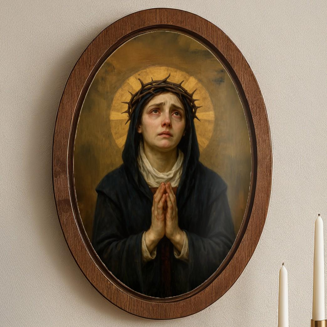 Art mural en bois de Sainte Rita, impression ovale Mater Dolorosa avec couronne d'épines, décor religieux, cadeau chrétien de Notre-Dame des Douleurs