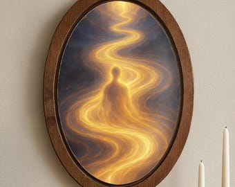 Spiritual Path Wood Wall Art, Inner Light Oval Print, Meditation Decor, Golden Energy Zen Art, Mystical Enlightenment Gift