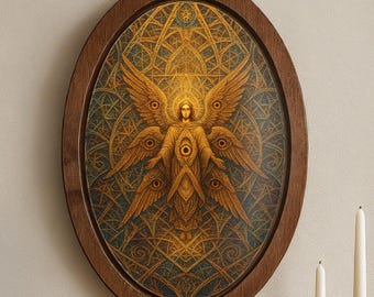 Biblical Angel Wood Wall Art, Seraphim Oval Wood Print,  Spiritual Mystical Decor, Multi Winged Angel Geometric Religious Gift