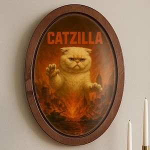Catzilla Wood Wall Art, Godzilla Cat - White Cat, Monster Cat Decor, Unique Gift for Cat Lovers & Movie Fans