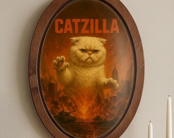 Art mural en bois Catzilla, chat Godzilla - chat blanc, déco chat monstre, cadeau unique pour les amoureux des chats et les cinéphiles