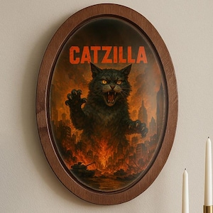 Catzilla Wood Wall Art, Godzilla Cat Parody Print on Natural Wood Panel, Monster Cat Decor, Unique Gift for Cat Lovers & Movie Fans