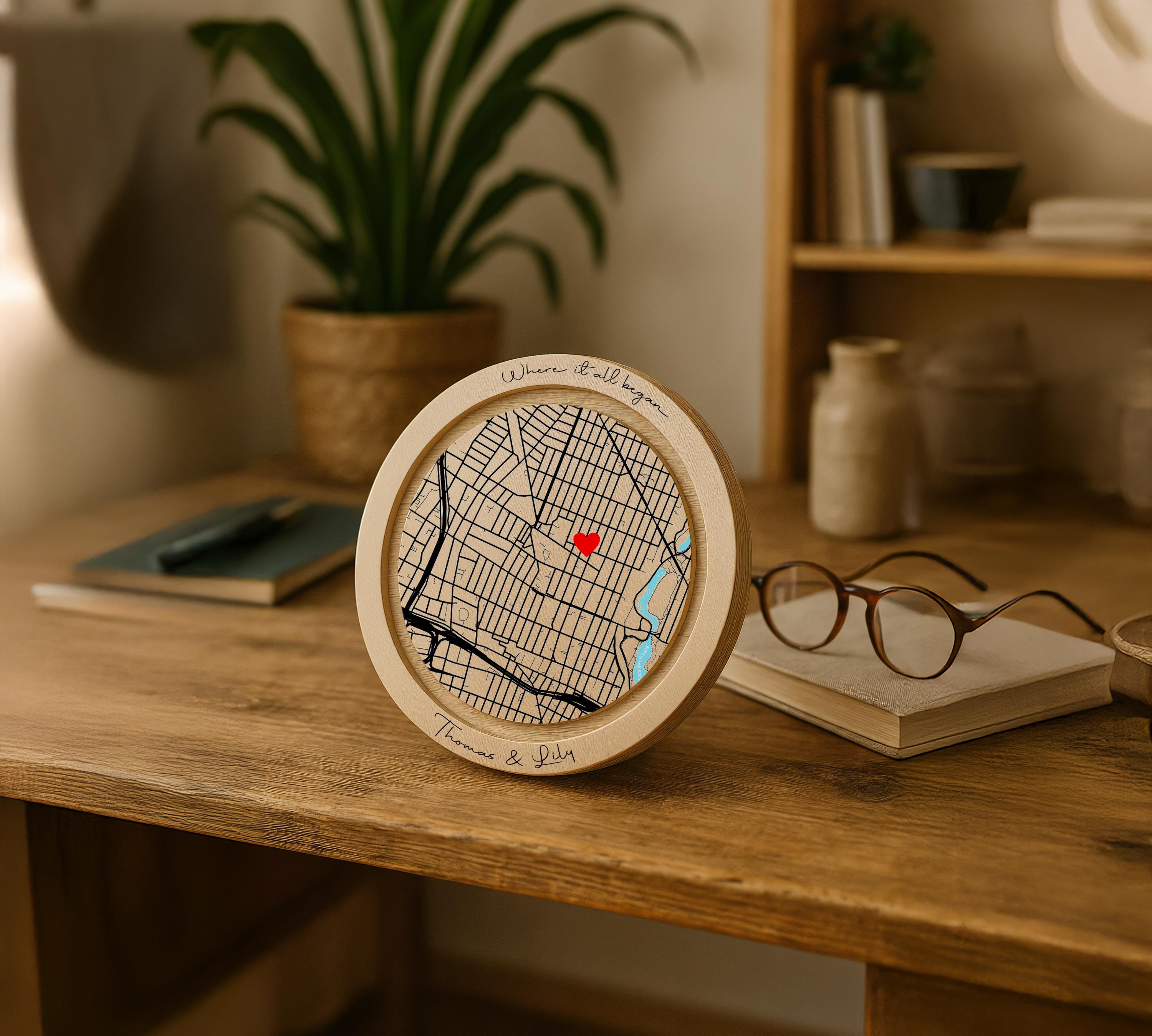 Personalized Couple Map Wood Desk Decor, Custom Where We Met Location ...