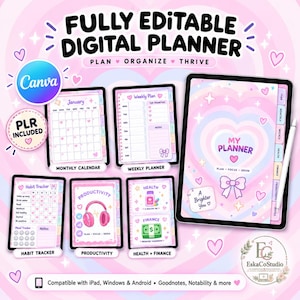 May include: A fully editable digital planner set featuring a pastel pink and purple heart-themed interface. Includes a monthly calendar, weekly planner, habit tracker, and productivity pages. Compatible with iPad, Windows, and Android devices.