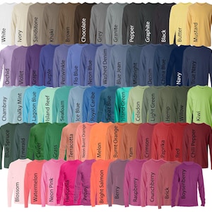 Puede incluir: Una colecci&oacute;n de camisetas de manga larga en una variedad de colores, incluyendo blanco, negro, azul, verde y rojo. Cada camiseta se muestra con su nombre de color, como "Navy" o "Kiwi."