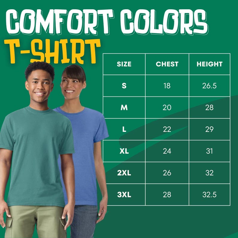 Puede incluir: Imagen de dos personas con camisetas Comfort Colors, una verde azulado y otra azul. La imagen incluye una tabla de tallas con medidas de pecho en pulgadas y altura en pulgadas para las tallas S a 3XL. El texto "COMFORT COLORS T-SHIRT" est&aacute; en la parte superior.