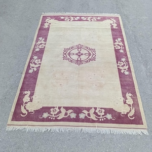 Vintage Oushak Rug 5.2x7.2 ft, Handmade Turkish Wool Area Rug