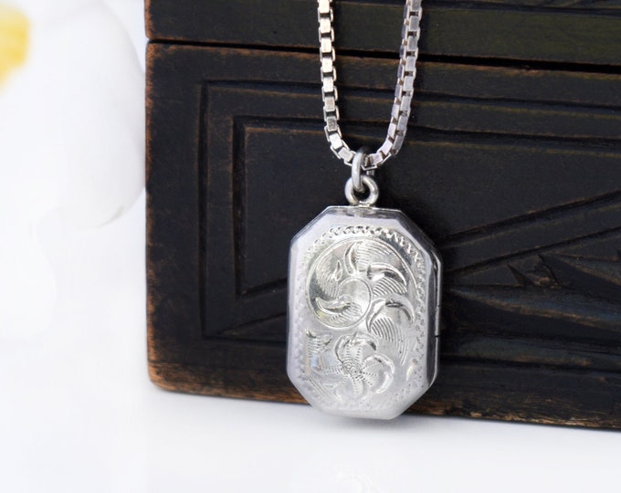 Vintage Sterling Silver Locket Necklace | Small Engraved Sterling Silver Rectangle, Birks Book Locket - 16 Inch Chain