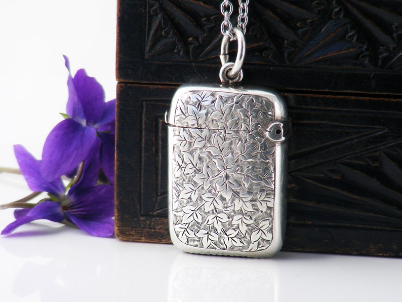 Victorian Chatelaine Case with 1887 English Hallmarks 32 Inch Long Chain Sterling Silver Locket Small Antique Vesta Case