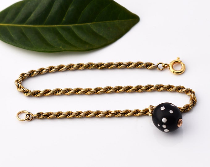 Antique Albertina Chain Bracelet | Rolled Gold Rope Chain with Black Spotted Glass Drop - 7.8 Inches Long